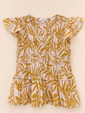 ON 34th Pink and Mustard Leaf-Print Smocked Blouse